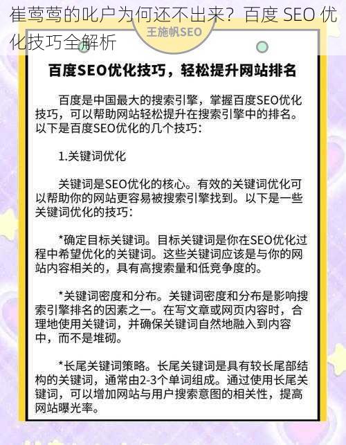 崔莺莺的叱户为何还不出来？百度 SEO 优化技巧全解析