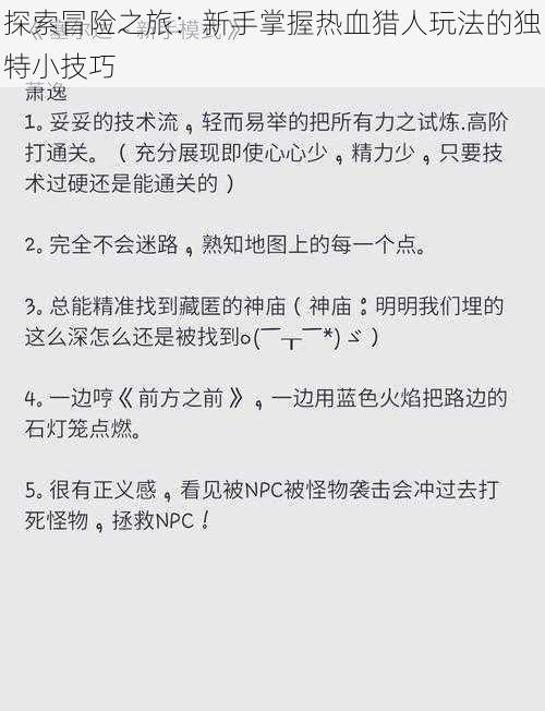 探索冒险之旅：新手掌握热血猎人玩法的独特小技巧