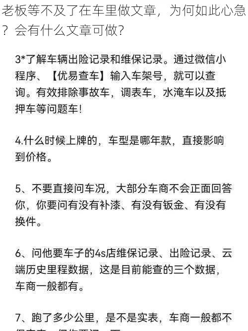 老板等不及了在车里做文章，为何如此心急？会有什么文章可做？