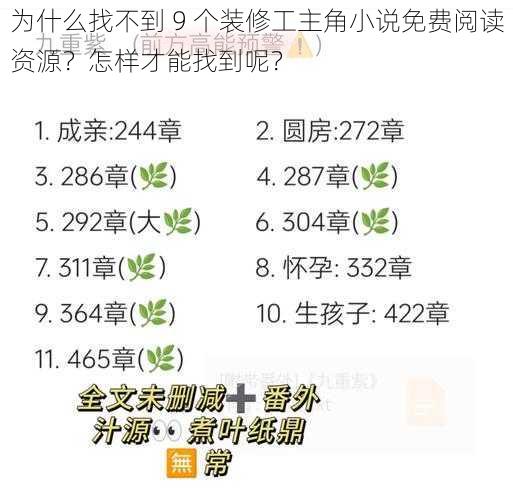 为什么找不到 9 个装修工主角小说免费阅读资源？怎样才能找到呢？